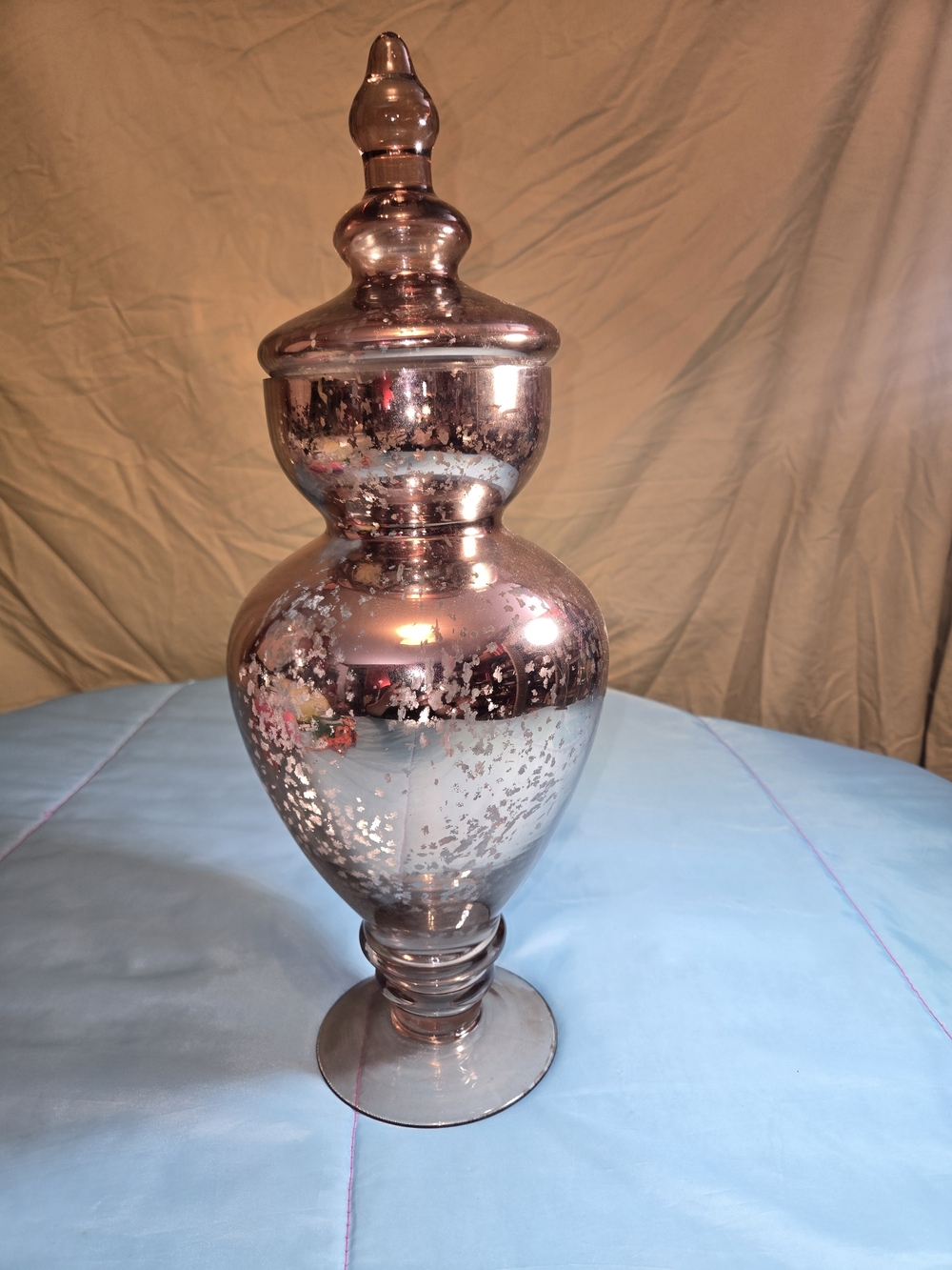 XL Vtg Footed  Mercury Glass Apothecary Jar Lidded 16" Tall Beautiful NWOB